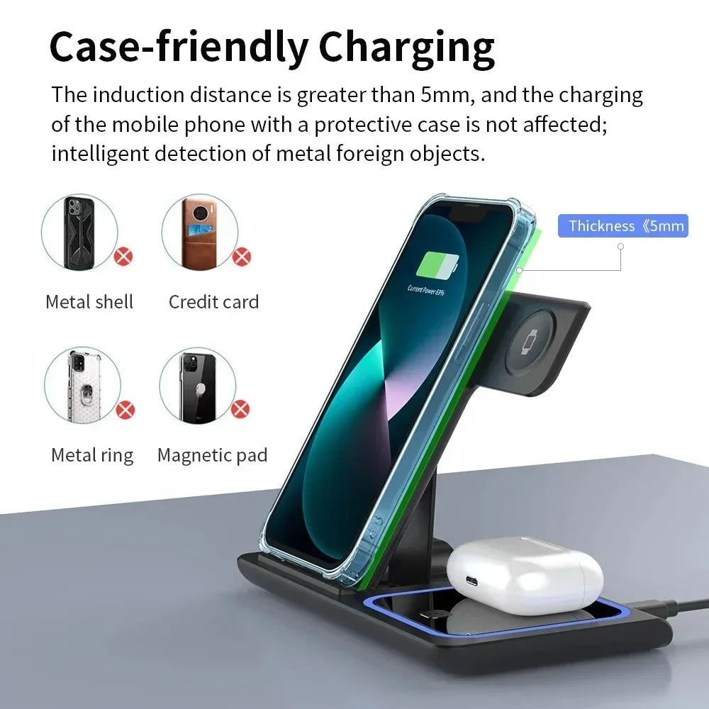 3-in-1 30W Foldable Magnetic Wireless Charging Station with LED – Fast Charger Stand for iPhone 16/15 Pro Max, Apple Watch & AirPods