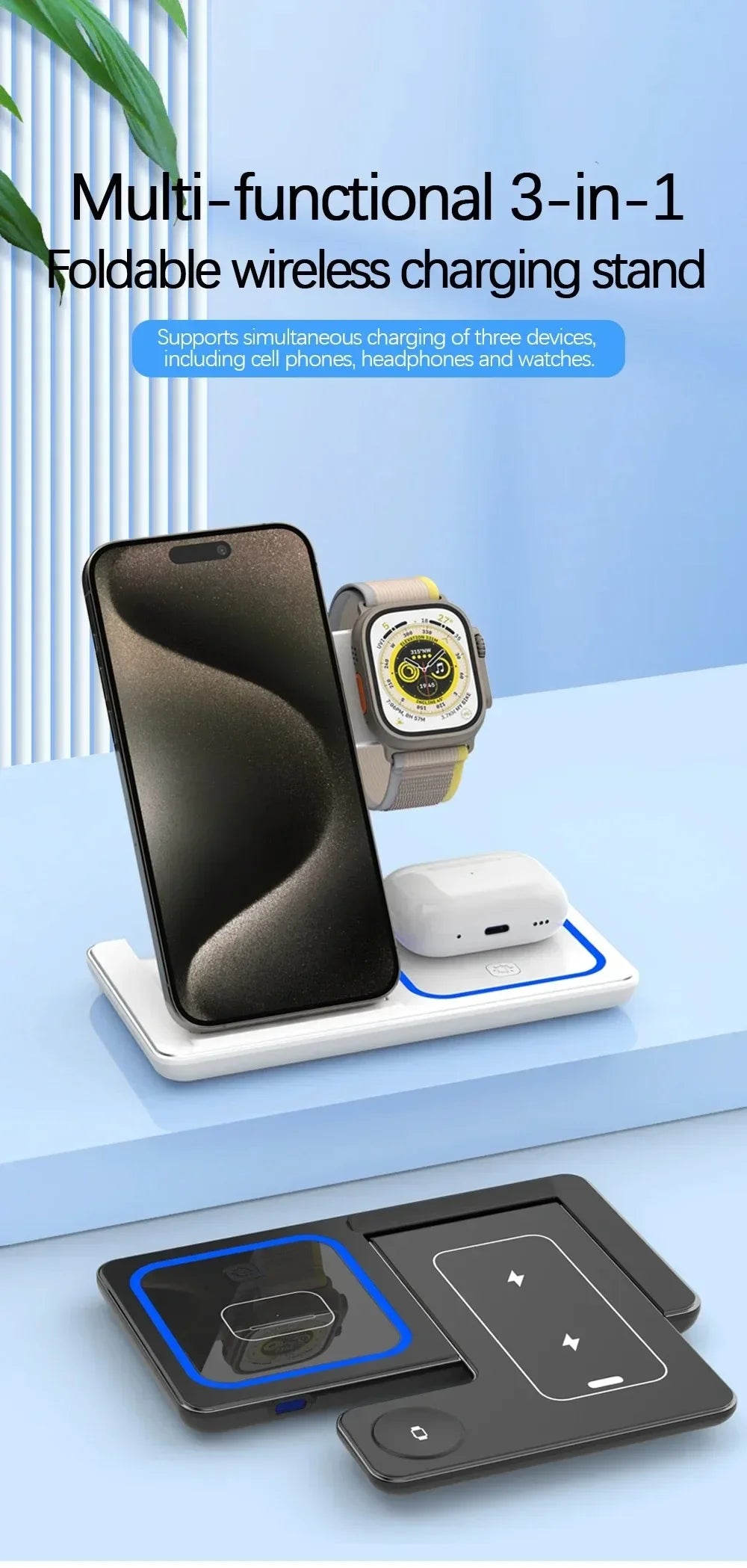 3-in-1 30W Foldable Magnetic Wireless Charging Station with LED – Fast Charger Stand for iPhone 16/15 Pro Max, Apple Watch & AirPods