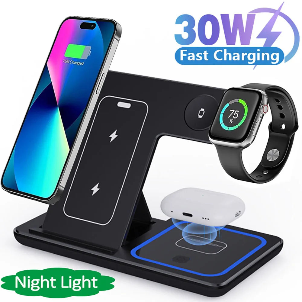 3-in-1 30W Foldable Magnetic Wireless Charging Station with LED – Fast Charger Stand for iPhone 16/15 Pro Max, Apple Watch & AirPods