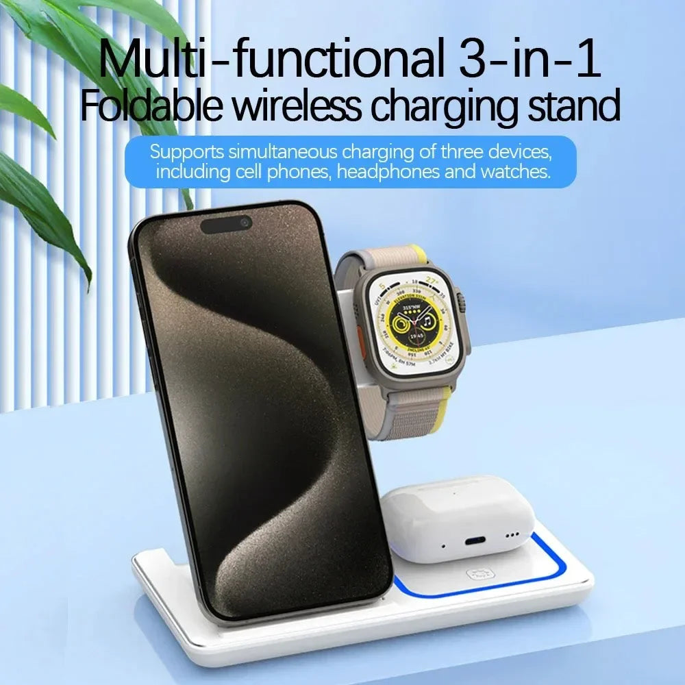 3-in-1 30W Foldable Magnetic Wireless Charging Station with LED – Fast Charger Stand for iPhone 16/15 Pro Max, Apple Watch & AirPods