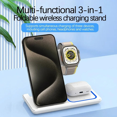3-in-1 30W Foldable Magnetic Wireless Charging Station with LED – Fast Charger Stand for iPhone 16/15 Pro Max, Apple Watch & AirPods