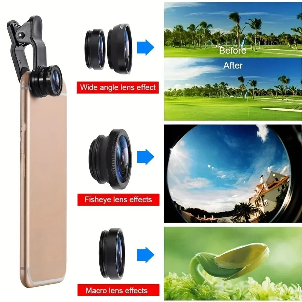 3In1 Mobile Phone Fish Eye Lens 0.67X Wide Angle Macro Lenses Camera Kits With Clip Universally Lens For iPhone 16 Xiaomi Huawei